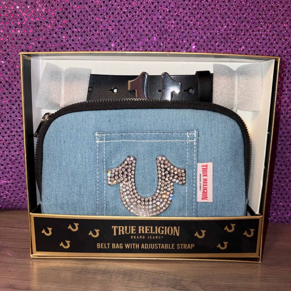 True Religion Denim Belt Bag Horseshoe Logo Y2K Crossbody Adjustable Strap - Picture 3 of 11